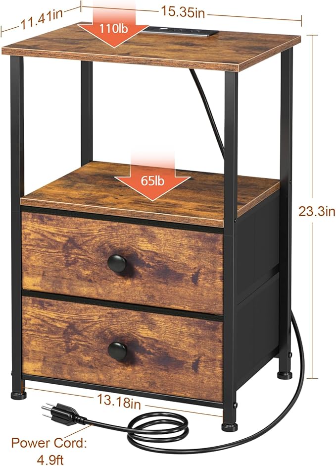 LOAKEKEL Night Stand Set 2, LED Nightstand with Charging Station, End Tables with Storage Shelf, Bedside Table with 2 Fabric Drawers for Bedroom, Small Spaces, Rustic Brown HETS02PBR
