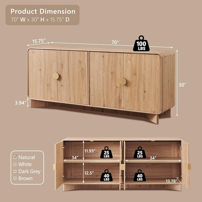 IFGET 70" Modern TV Stand for TVs Up to 80 inches, 30" Tall Entertainment Center with Storage and Adjustable Shelves, TV Console with Curved Profile Design, Media Console for Living Room, Natural Oak