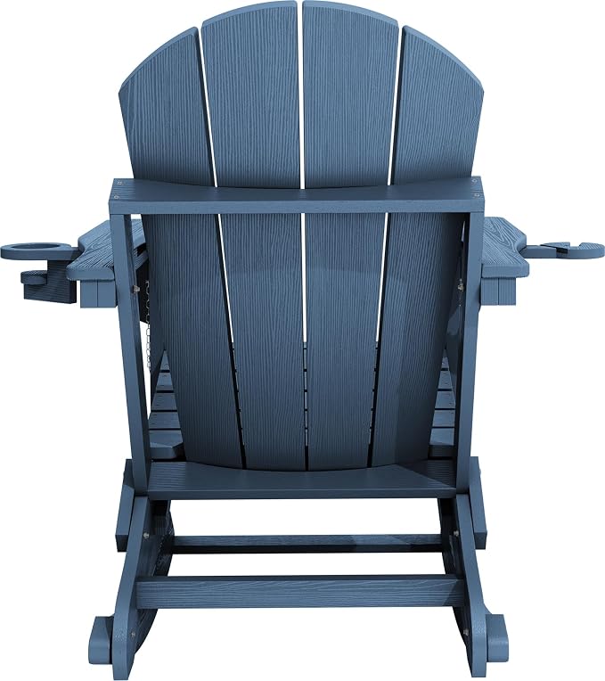 KINGYES Adirondack Rocking Chair with Retractable Ottoman and Cup Holders, HDPE Adirondack Rocker Patio Rocking Chair for Porch, Patio, Balcony, Deep Blue