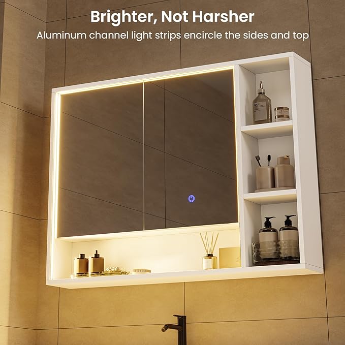 Hasuit Lighted Medicine Cabinet with Mirror and Shelves, Modern Bathroom Medicine Cabinet with Open Storage, Aluminum Channel LED Lights, 39.4'' x 30.7'', White