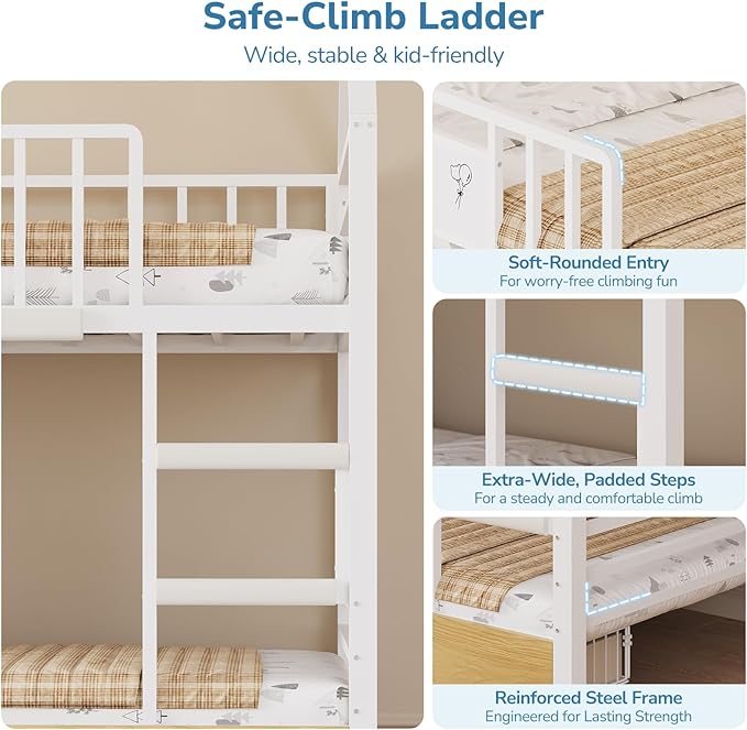 Twin Bunk Bed for Kids with 6 Storage Drawers, Montessori Bookshelf, House Shaped Bed with Globe String Lights and USB Ports, Metal Low Bunk Bed Twin Over Twin with Safety Guardrail and Ladder, White