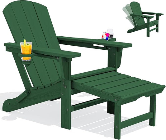 SERWALL Folding Adjustable Adirondack Chair with Footrest, HDPE Outdoor Chair with Dual Cup Holders, All Weather Adirondack Chair with Ottoman, Green