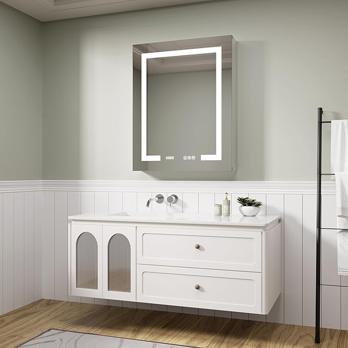 LED Medicine Cabinet Mirror, 24x30 Inch Bathroom Storage, Recessed/Wall Mount, Plug-in/Hardwired, 3 Color Dimmable Light, Anti-Fog, Time Temp Display, Right Hinge