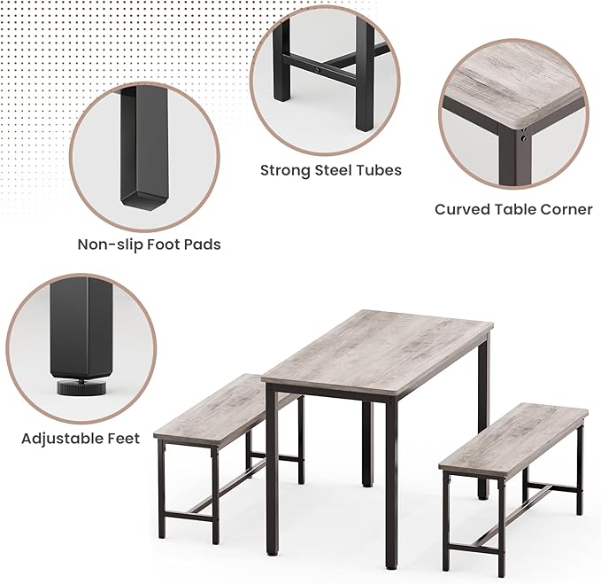 Dining Table Set for 4, Kitchen Table with 2 Benchs, Modern Functional 3-Piece Dining Room Table for Apartment Breakfast Nook and Samll Space, Grey