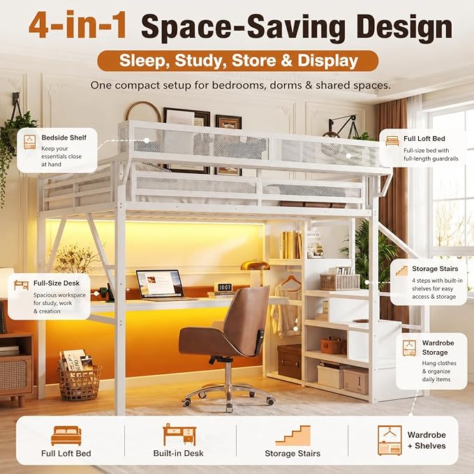 Mirightone Full Loft Bed with Desk and RGB Light, Metal Loft Bed Frame with Stairs and Bedside Shelf, Heavy-Duty Lofts Beds with Storage Shelves and Wardrobe for Kids Teens, White