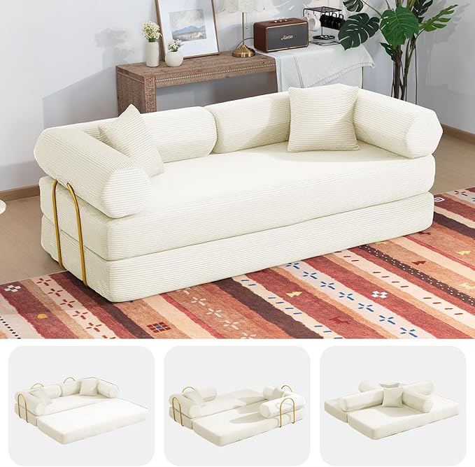 79" Boneless Couches for Living Room, Corduroy Sofa Bed with 2 Pillows,Side Pockets,Hex Arm, 5-in-1 Loveseat Sleeper Sofa for Small Spaces, High-Density Foam Couch, No Assembly, White