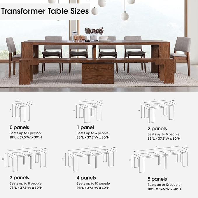 Transformer Table - Solid Wood Extendable Dining Table, Seats 2-12, Expandable Dining Room Table, Space-Saving Furniture, Kitchen and Dining Room Furniture (Brown, Table + 2 Benches)