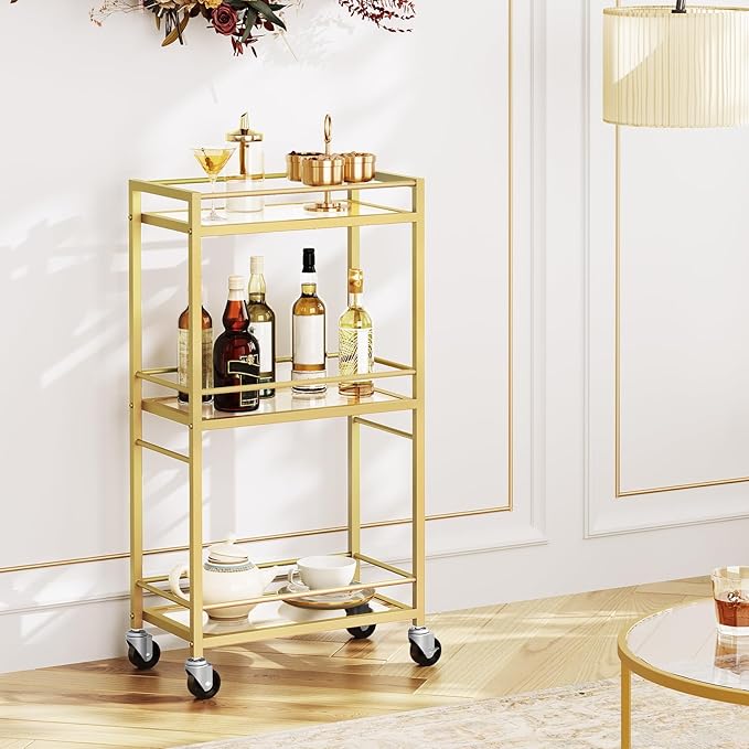 MAHANCRIS Bar Cart for The Home, 3-Tier Drink Cart on Wheels, Home Bar Serving Cart, Mini Bar Cart for Small Space, Kitchen, Dining Room, Gold RCJ40B01