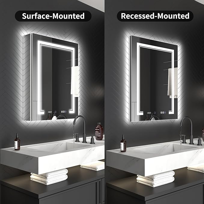ExBrite 24 x 32 LED Lighted Medicine Cabinet with Mirror, Front & Backlit, Night Light, Clock & Temp Display, Defog, 5X Magnifier, 3-Color Dimmable LED, Surface/Recessed Mount, Hinge On the Right