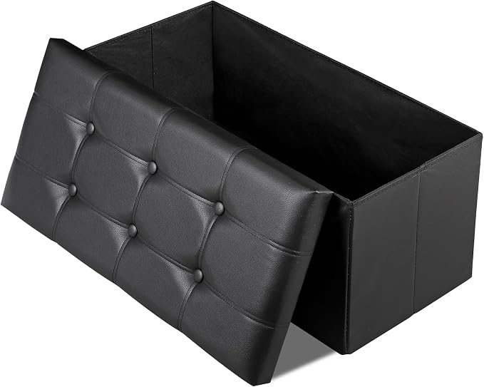 SUPER DEAL 30 inches Folding Ottoman with Storage, Bedroom Footrest Bench, Rectangle Sotrage Chest for Living Room Entryway, 30"x15"x15", 85L, Faux Leather, Black