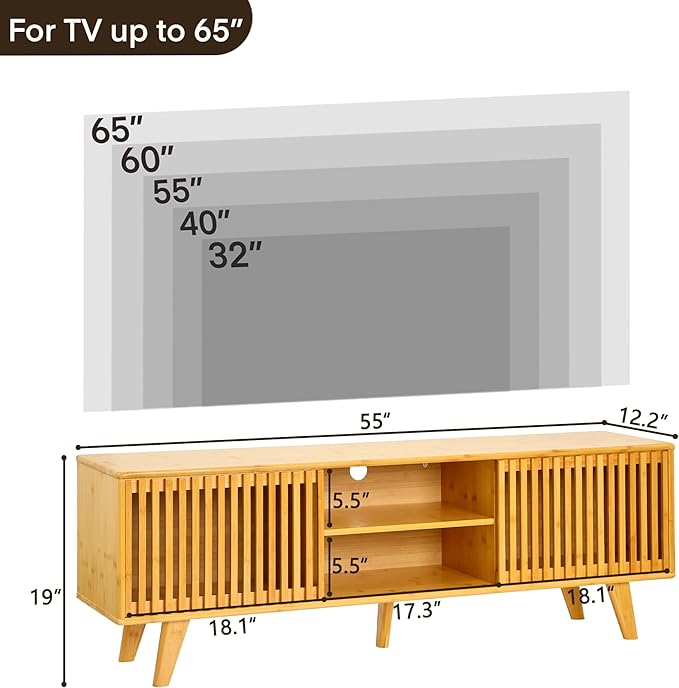 Bamboo TV Stand for TVs up to 65", Accent Entertainment Center with Storage, Media Console Table with Sliding Fence Door, Modern TV Stand for Living Room, Bedroom, 55"(L), Burlywood