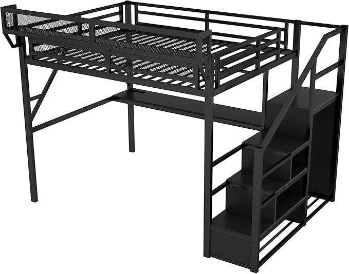 Mirightone Queen Size Loft Bed with Desk and Light, Metal Loft Bed Frame with Stairs and Bedside Shelf, Tall Lofts Beds with Storage Shelves and Wardrobe for Adults Studio Apartment, Black