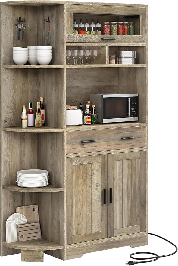 YITAHOME Kitchen Pantry Storage Cabinet, 67" Tall Kitchen Hutch with Outlet & Door & Shelves & Drawer, Farmhouse Wooden Microwave Stand Buffet Coffee Bar for Home Living Dining Room, Antique Gray