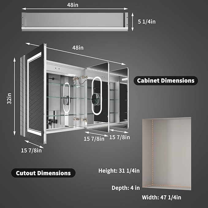 ExBrite 48 x 32 LED Lighted Medicine Cabinet with Mirror, Front & Backlit, Night Light, Clock & Temperature Display, Defog, 5X Magnifier, 3-Color Dimmable LED, Surface or Recessed Mount