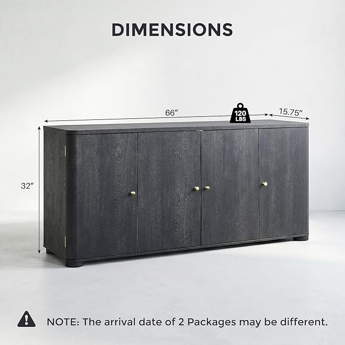 Curved Buffet Cabinet with Doors, 66" Large Sideboard Buffet Storage Cabinet with 4 Doors and Shleves, Modern Coffee Bar Station Wood Kitchen Table for Kitchen, Dining Room, Dark Grey