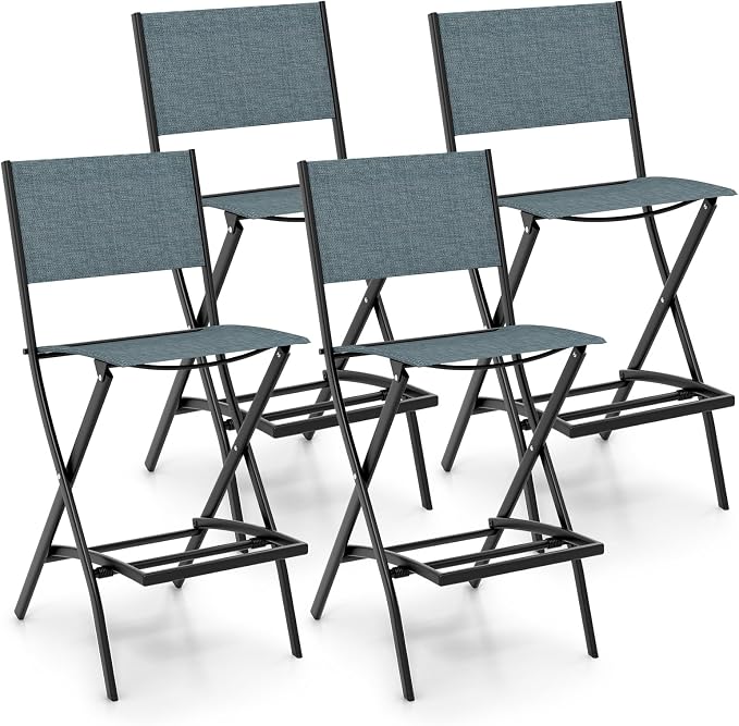 Giantex Folding Patio Bar Chairs Set of 4, Outdoor Counter Height Bar Stools with Footrest & Back, All-Weather Resistant, Metal Frame, for Porch Deck Lawn Garden, Light Blue