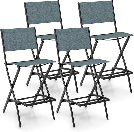 Giantex Folding Patio Bar Chairs Set of 4, Outdoor Counter Height Bar Stools with Footrest & Back, All-Weather Resistant, Metal Frame, for Porch Deck Lawn Garden, Light Blue