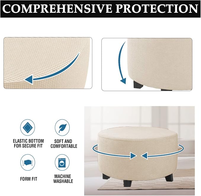 Stretch Ottoman Slipcover – Round Furniture Protector Fits 20"-23" Dia, for Footrests, Storage Ottomans & Folding Stools – Elastic Fabric Cover (Nature, Medium)