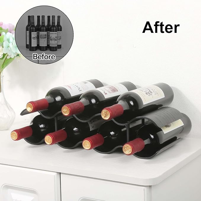 Countertop Wine Rack - 7 Bottle Freestanding Wine Bottle Holder Stand - 2 Tier Wooden Wine Storage Rack - Black Wavy Wine Organizer for Cabinet Pantry Home Kitchen Bar