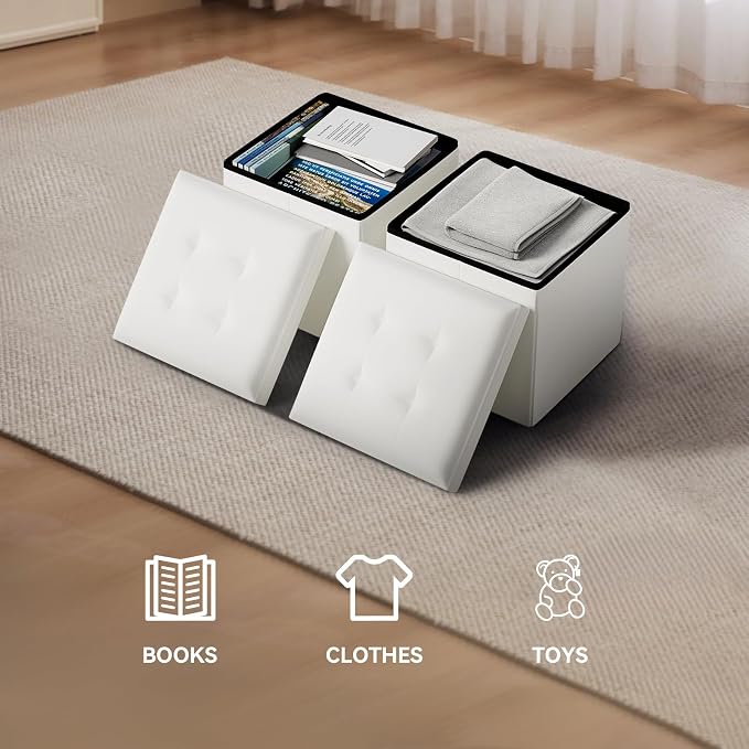 Storage Ottoman Bench, 15 Inch Ottoman Foot Rest, End of Bed Bench, Storage Chest for Living Room, Bedroom, Entryway, White