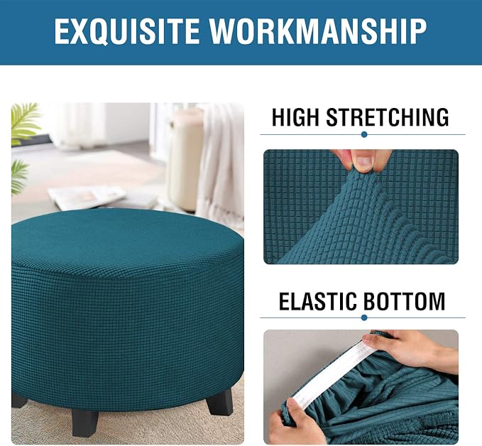 H.VERSAILTEX Ottoman Cover Stretch Ottoman Slipcover Round Ottoman Storage Cover Folding Stool Covers Furniture Protector Cover for Footrest Ottoman Fit Dia 30" - 41", Deep Teal