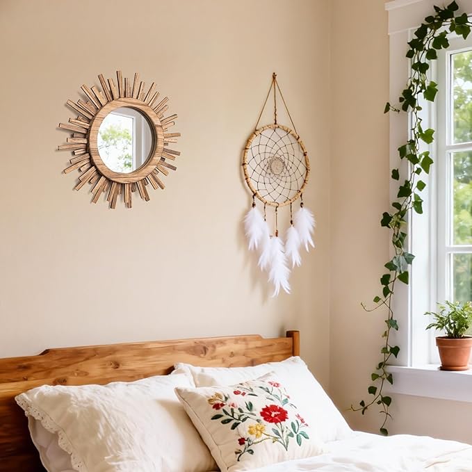 12 Inch Boho Sunburst Mirror, Round Wooden Wall Decor Starburst Sun Mirror for Bedroom, Living Room, Bathroom, Hallway, Balcony, Farmhouse Entryway, Housewarming Gift