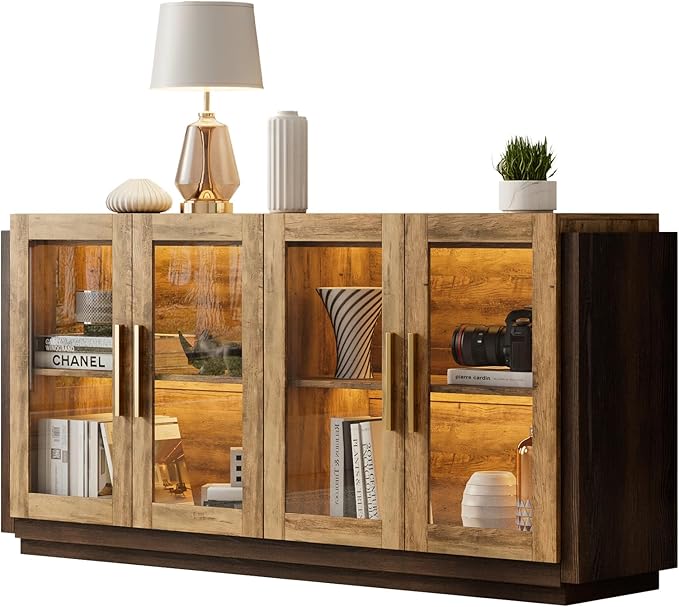 AMERLIFE Sideboard Buffet Cabinet, Mixed Color Accent Cabinet with LED Lights, Modern Glass Doors Storage Cabinets with Adjustable Shelf, Console Table for Dining, Living Room, Barnwood&Brown