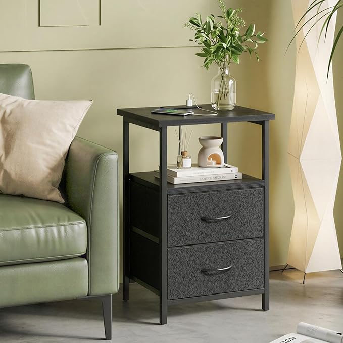 Fixwal Black Night Stand with Charger Station, Nightstand with Charging Station & Fabric Drawers