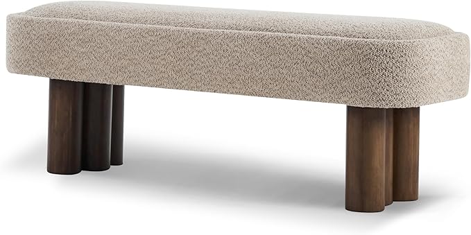 Christopher Knight Home Damas Boucle Upholstered Dining Bench, Wooden Entryway Bench, Long Sofa Footstool for Living Room, Bedroom End of Bed Bench, Khaki+Walnut