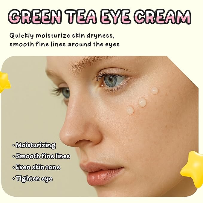 Green Tea Eye Roller Cream, Under Eye Moisturizer For Puffiness, Fine Lines and Bags, Green Tea Extract + Coffee Extract, Skin Care Eyes Repair Gel Hydrating & Cooling Formula, 0.71oz