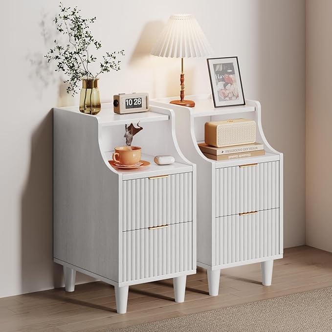 Narrow Nightstand Set of 2,11.8" Fluted Bedside Table Set of 2, Slim Side End Table with 2 Drawers, Wooden Bedside Table, White Wood Night Stand for Bedroom Livingroom Sofa Office