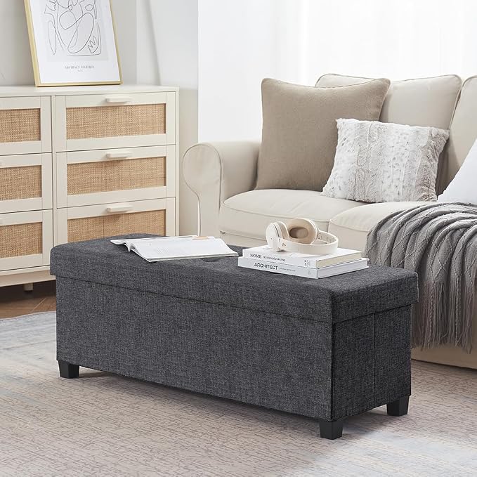 Ornavo Home 43 Inch Storage Ottoman, Large Storage Bench, Ottoman with Storage with Legs, Foot Rest Stool, Bedroom Bench - Dark Gray