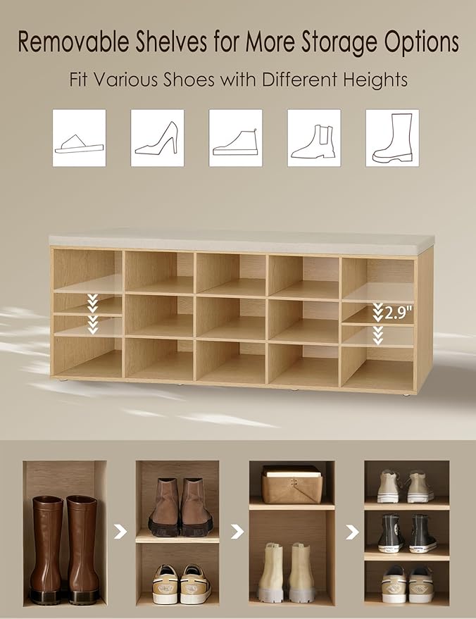 DINZI LVJ Shoe Storage Bench with Cushion, 13-Cubby Shoe Rack, Adjustable Shelves, Multifunctional Shoe Organizer Bench for Entryway, Mudroom, Hallway, Living Room, Bedroom and Garage, Natural