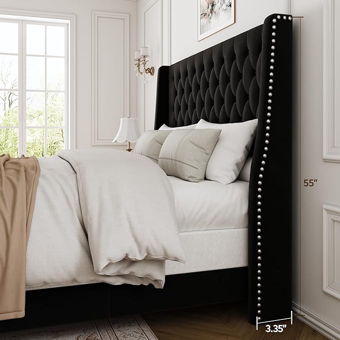 Queen Bed Frame with 55" Tall Headboard, Upholstered Black Bed Frame Queen, Soft Fabric, Button Tufted Headboard with Windback, Platform Bed, Noise-Free, No Box Spring Needed