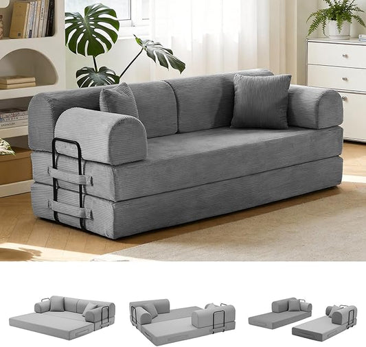 78.8" Convertible Sofa Bed with Detachable Arm Pillow, 6-in-1 Sectional Couches for Living Room, Corduroy Boneless Couch, Sleeper Loveseat Couch Bed, No Assembly, Light Gray Couch