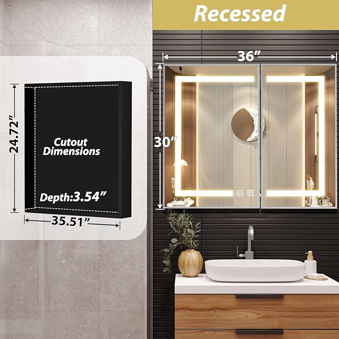 APRILSOUL 36x30 Inch Lighted Bathroom Medicine Cabinet with Mirror, Silver Recessed or Surface Mount Medicine Cabinet Mirror with Storage and LED Lights, 3 Colors Temperature, Dimmable Light