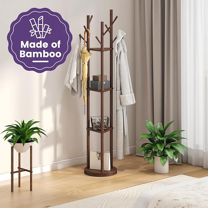 Rotating Coat Rack, Freestanding Coat Rack with 3 Shelves and 9 Hooks Clothes Organizer Coat tree for Bedroom, Entryway, Livingroom (Brown)