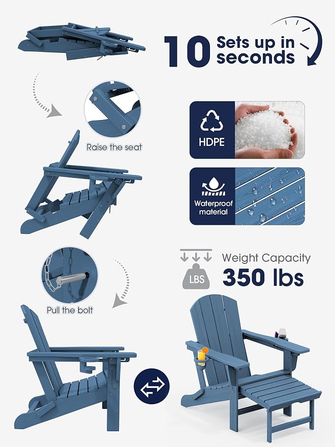 KINGYES Folding Adjustable Adirondack Chair with Retractable Ottoman, HDPE Recliner Adirondack Chair with Cup Holder, Blue