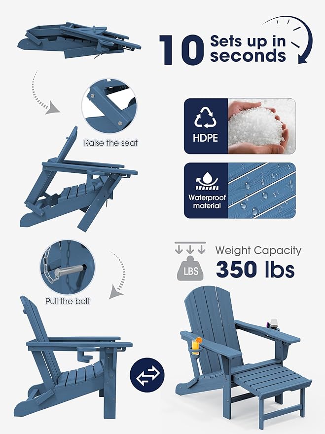KINGYES Folding Adjustable Adirondack Chair with Ottoman & 2 Cup Holders Set of 4, HDPE Recliner Adirondack Chair with Footrest, Blue