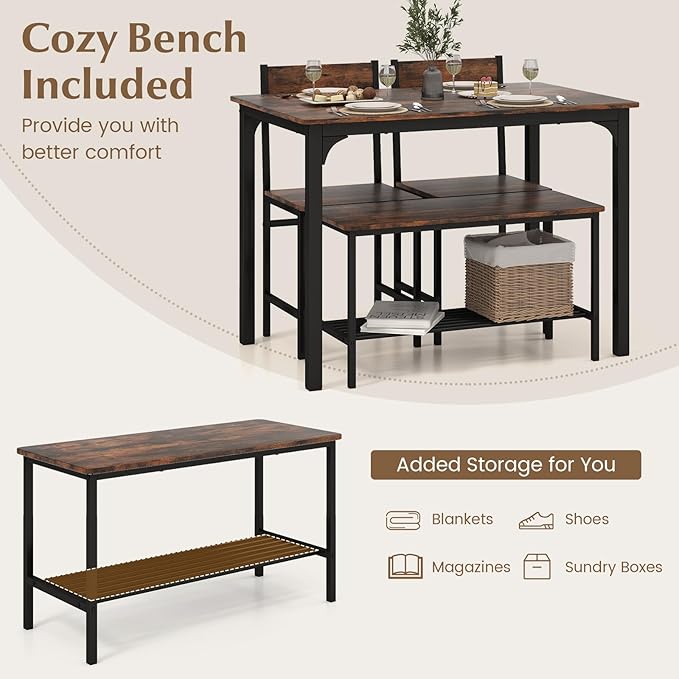 COSTWAY Dining Table Set for 4, Rectangular Kitchen Table Set with Bench and 2 Chairs, Storage Rack & Metal Frame, 4-Piece Dining Room Table and Chairs Set for Small Space, Apartment (Coffee)