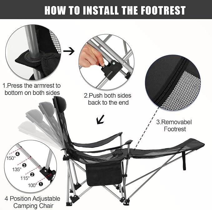 Colingmill 2 Pcs 2 in 1 Reclining Camping Chair with Footrest for Adults Folding Lounger Mesh Beach Chair Adjustable Backrest Lightweight Lawn Chairs for Camping Tailgates Outdoor Beach(Black)
