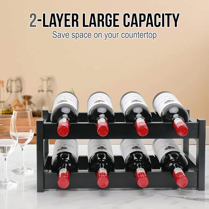 Bamboo Wine Rack, 2-Tier 8 Bottles Wine Storage Cabinet Shelf, Easy-Assembly Freestanding Bamboo Wine Racks Countertop for Kitchen Pantry Dining Room Bar, Black