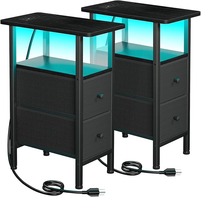 LOAKEKEL Narrow Nightstand with Charging Station, End Tables Living Room Set of 2, Skinny Side Table with Fabric Drawers, Small Sofa Table with LED Light for Bedroom, Black, HETNDP02LBK