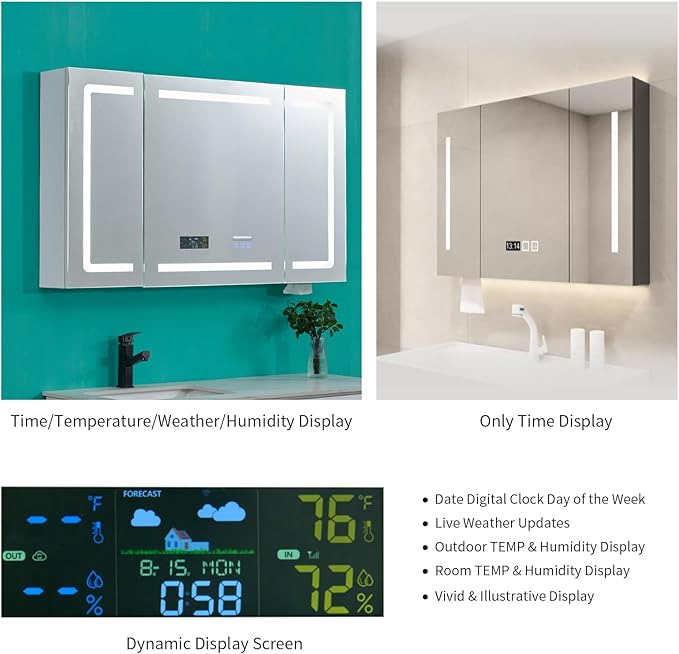 VINGLI LED Lighted Medicine Cabinet with Intelligent Mirror, Bluetooth Speaker, Weather & Temp Display, Anti-Fog, Built-in Outlet & USB, Large 3-Door Bathroom Mirror Cabinet,48 Inch, Need Assembly | LED Lighted