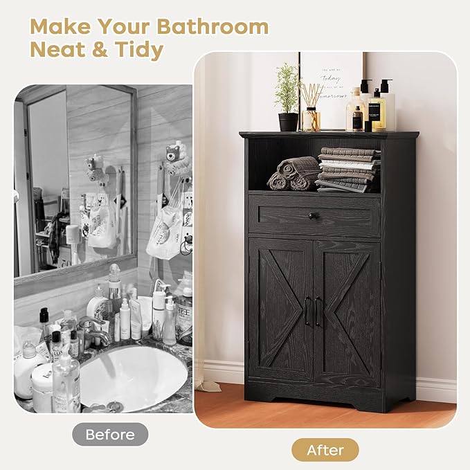 Floor Cabinet, Farmhouse Storage Cabinet with Barn Doors and Drawer, Freestanding Adjustable Shelf Organizer for Bathroom, Kitchen, Living Room Black