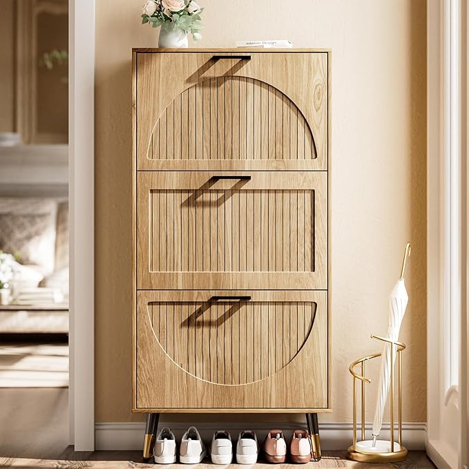 Farmhouse Shoe Cabinet Storage for Entryway, Slim Shoe Rack Cabinet with 3 Flip Drawers, Narrow Shoe Organizer Cabinet with Stylish Round Panel, Metal Leg and Handle