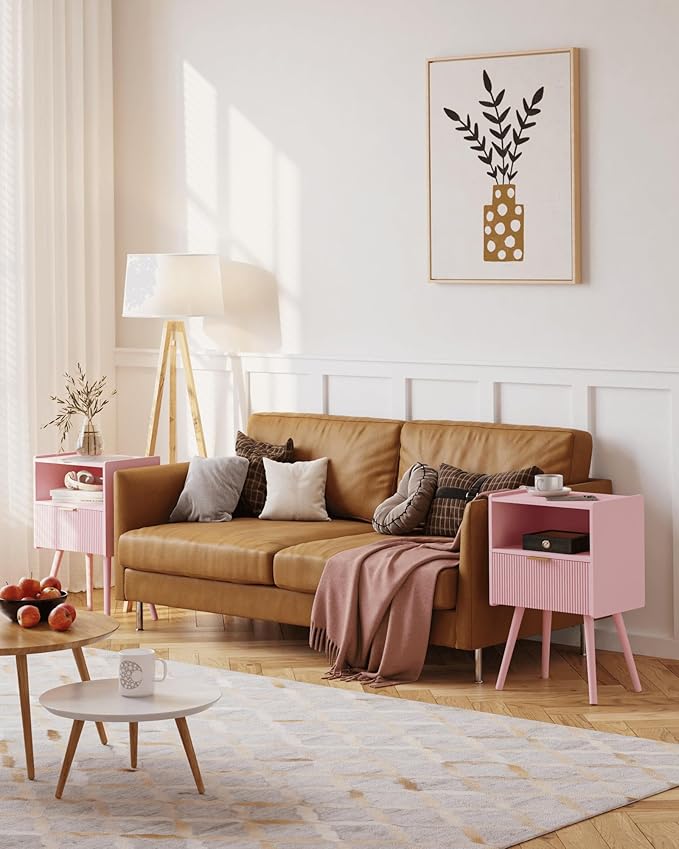 JOONEE Nightstand,Modern Bedside Table with Storage Drawer and Open Wood Shelf, for Living Room, Bedroom and Small Spaces, Accent Night Stand with Solid Wood Legs, Easy Assembly,Classic Pink