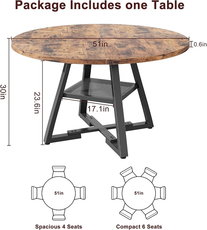 Jocoevol 51'' Round Dining Table for 6,Kitchen Dining Room Circle Dinner Pedestal Table,Space Saving Wood Kitchen & Dining Room Furniture (Vintage, 51In)