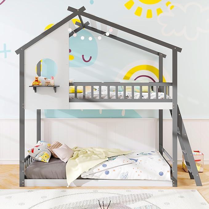Giantex Bunk Bed Twin Over Twin, Solid Wood Floor Bunk Bed with Ladder & Full-Length Guardrails, House Shaped Bunk Beds for Kids, Girls, Boys, Dormitory and Bedroom, No Box Spring Needed