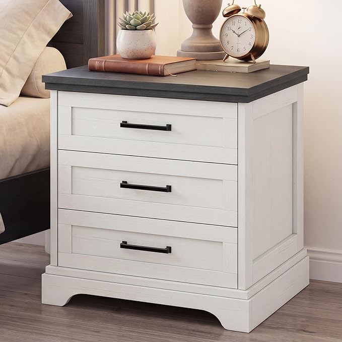 DUMOS Nightstand with Charging Station, Wood Farmhouse Bedside Table with 3 Drawers, End Table, Modern Side Table for Small Bedroom, Living Room, White